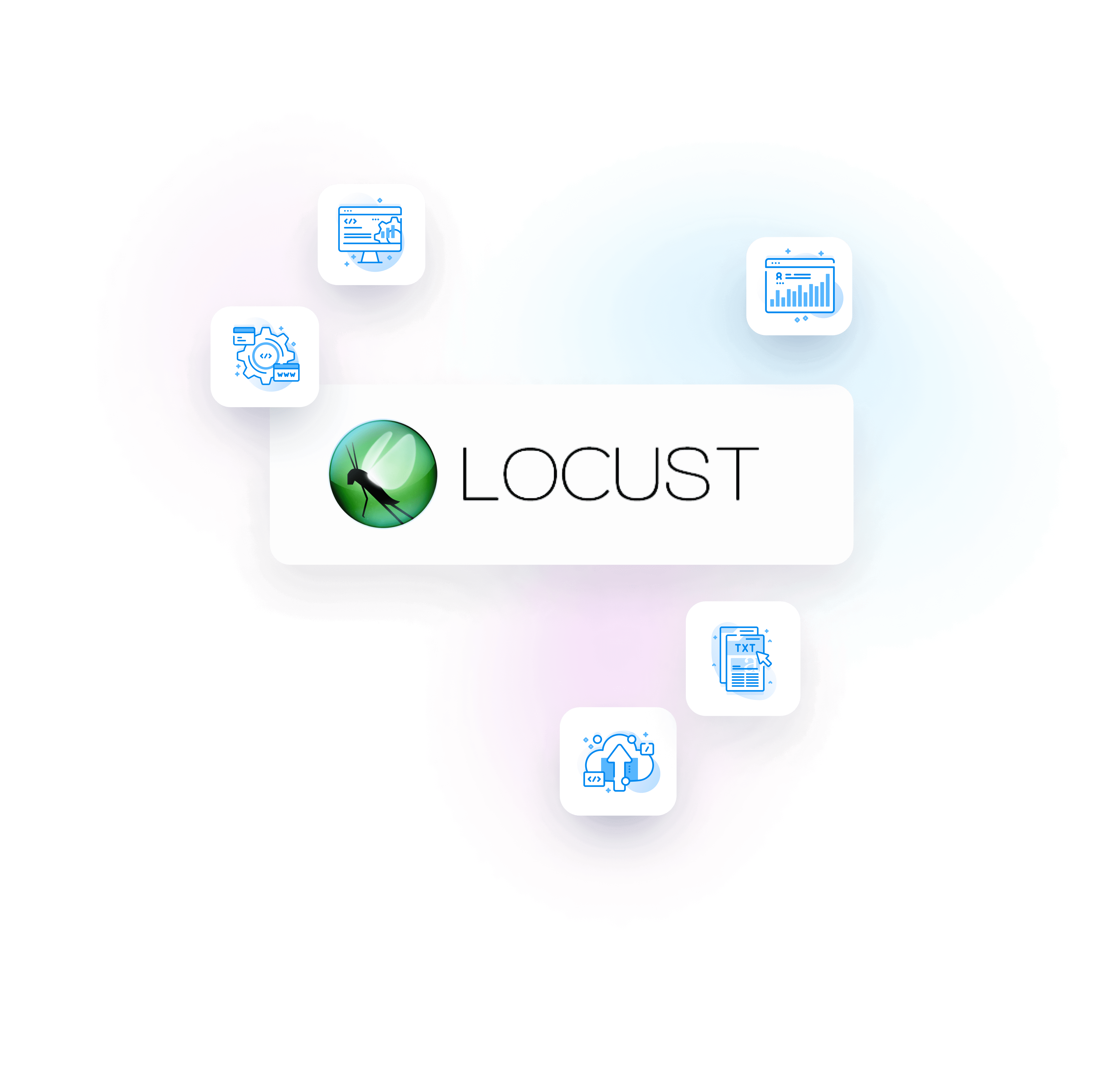 Locust logo surrounded by Testable icons for scripts, configuration, reports, results files, and cloud upload