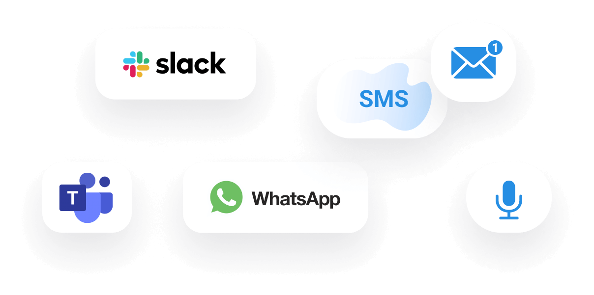 Notification channels: Slack, Microsoft Teams, WhatsApp, SMS, email, and voice